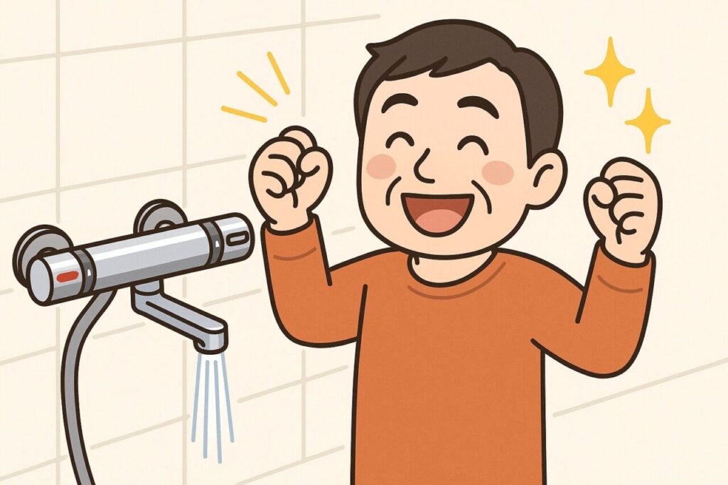 新しいサーモスタット混合水栓を取り付けて喜んでいるお父さんのイラスト。明るい表情で両手を上げ、背景にはタイル壁と蛇口から流れる水が描かれている