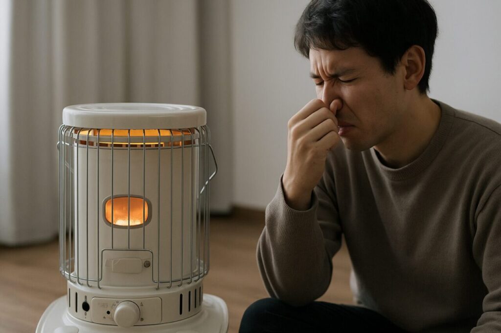 石油ストーブの前で鼻を押さえて臭いに困っている男性の様子。室内でストーブが点火している場面。