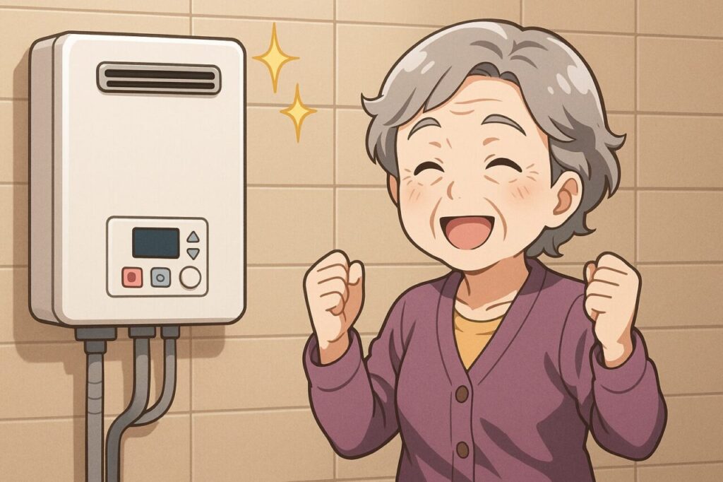 新しい給湯器の前で笑顔を見せ、両手を上げて喜んでいるおばあさんのアニメ風イラスト