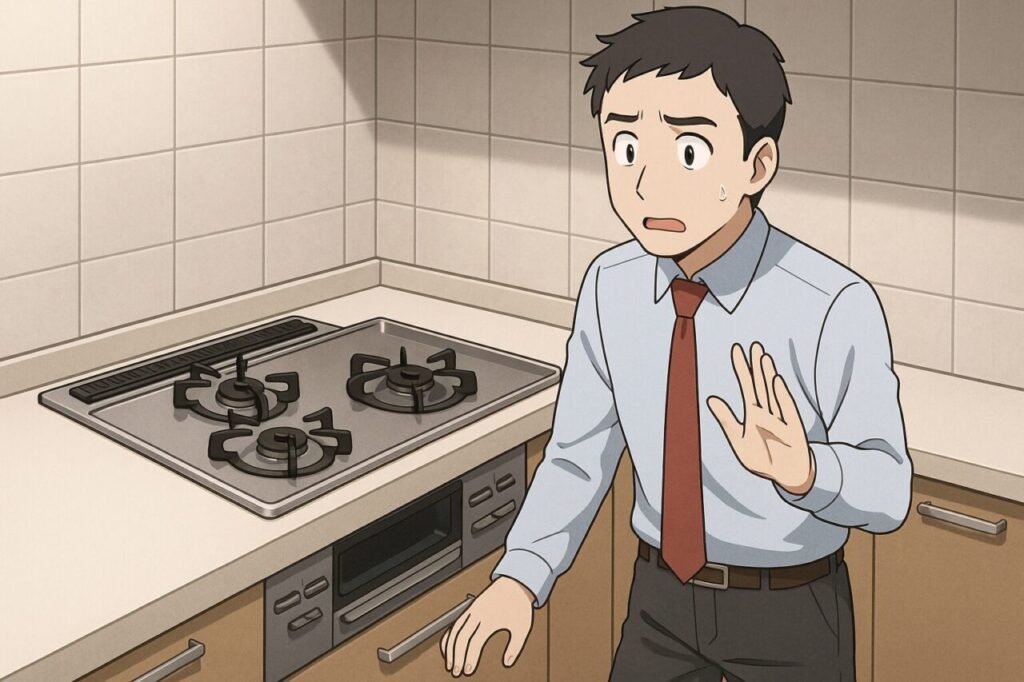 キッチンのビルトインコンロを前に、不安げな表情で立ち止まる男性のアニメ風イラスト。作業をためらう様子から、自力交換のリスクを暗示している。