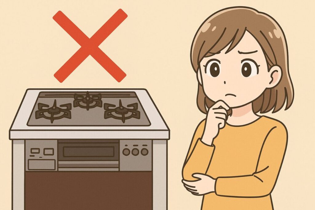 ガスコンロに赤いバツ印が描かれ、心配そうな表情で見つめる女性のイラスト。自分で交換する危険性を伝える内容。