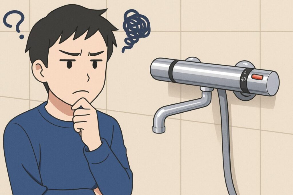 サーモスタット混合水栓を前に、手をあごに当てて悩んでいる男性のアニメ風イラスト