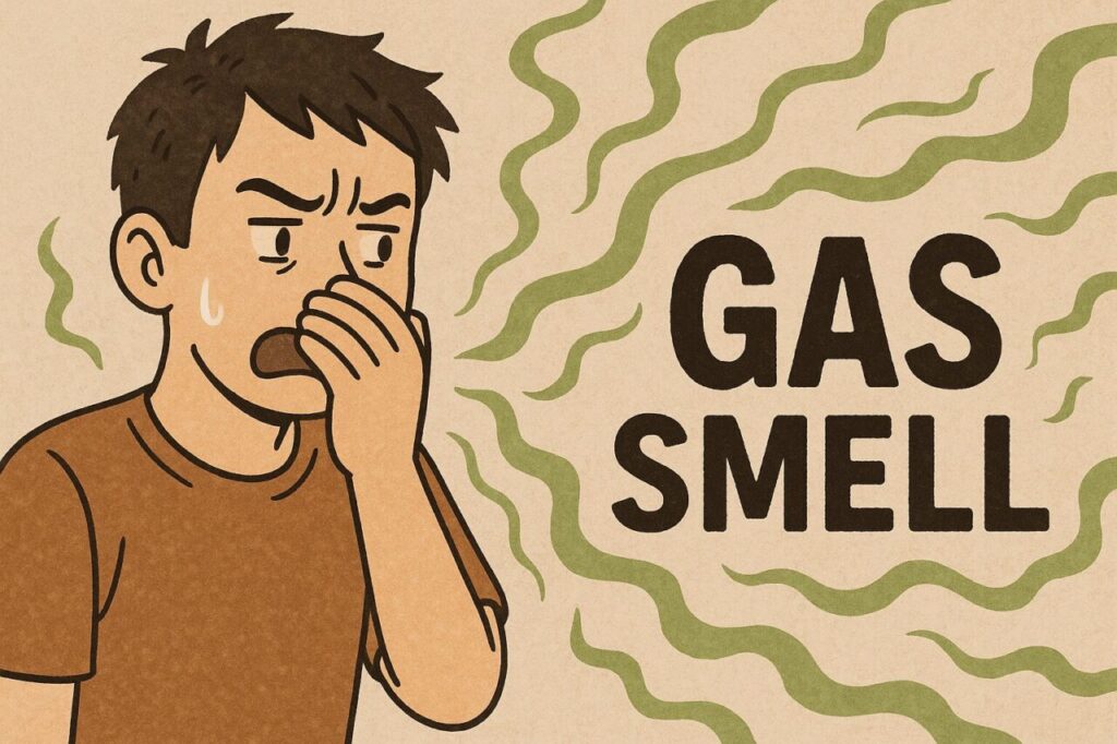室内でガスの臭いに気づき、鼻と口を押さえて不安そうな表情をしている男性を描いたイラスト。背景には緑色の煙のような表現があり、ガス臭の拡がりを示している。