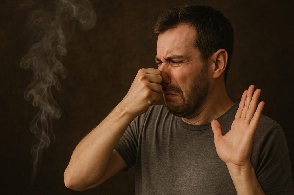 焦げ臭いにおいに顔をしかめ、鼻を押さえて不快そうな表情をしている男性。左側には煙が立ち上り、部屋の中で異臭に気づいた様子が伝わる。