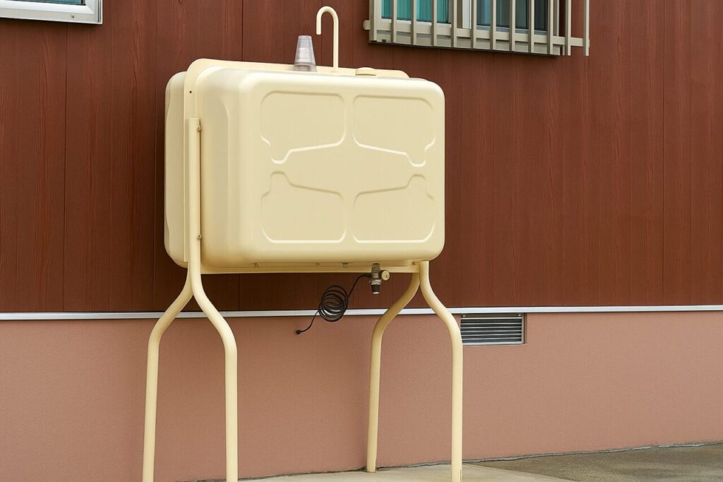 住宅の外壁に設置された脚付きの灯油タンク。淡いベージュ色のタンクが高い位置に固定され、下部には灯油ホースと給油口が見える。背景には茶色の外壁と窓格子があり、家庭用設備としての設置状態がわかる。