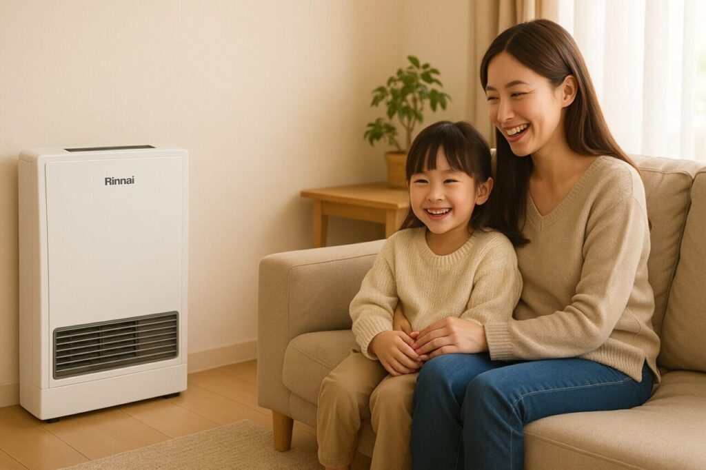 壁際に設置されたFF式ガスストーブの前で、親子がソファに座って笑顔でくつろいでいるリビングの様子。背面は外壁側で、給排気構造を考慮した正しい設置環境を再現している。